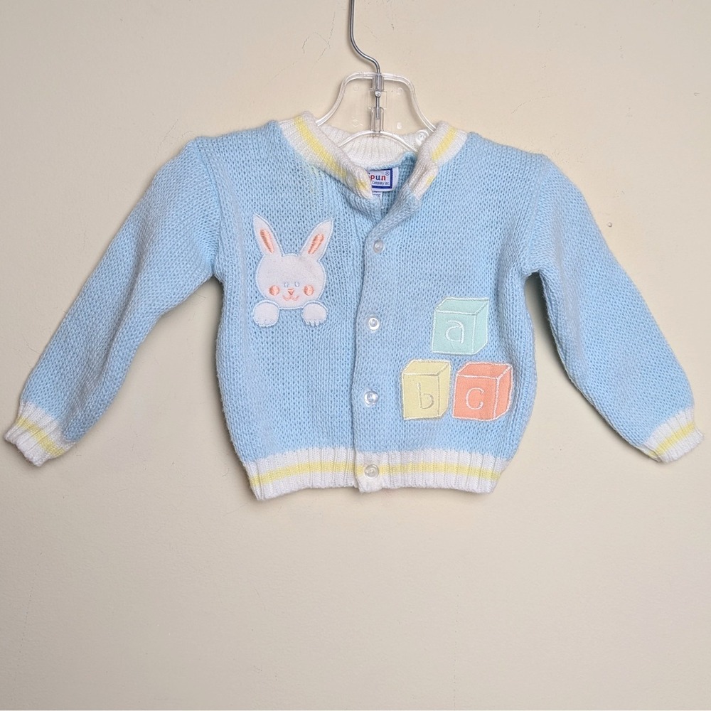 Vintage 80s Doe Spun Easter Bunny Cardigan Sweater Alphabet Block‎ Layette